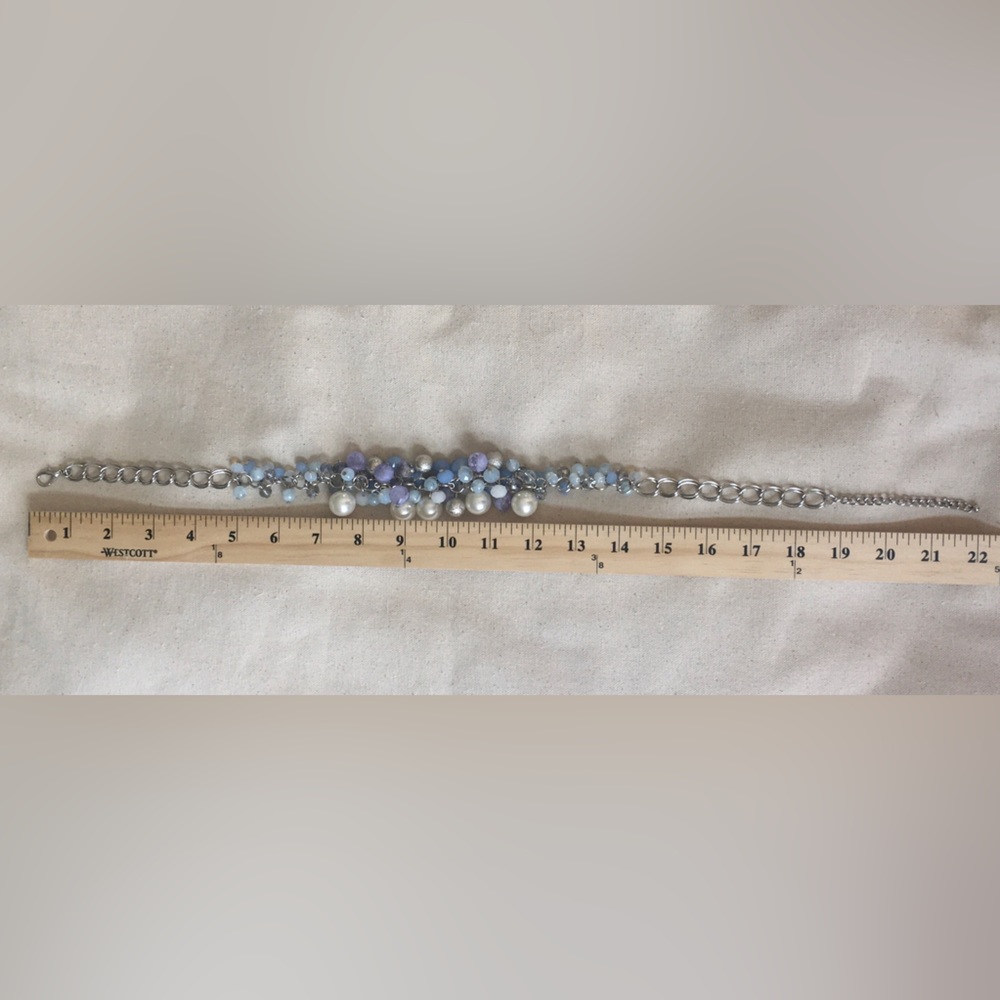 VINTAGE Blue White Silver Beaded necklace Metallic Festive Feminine ChaCha style - Picture 4 of 5